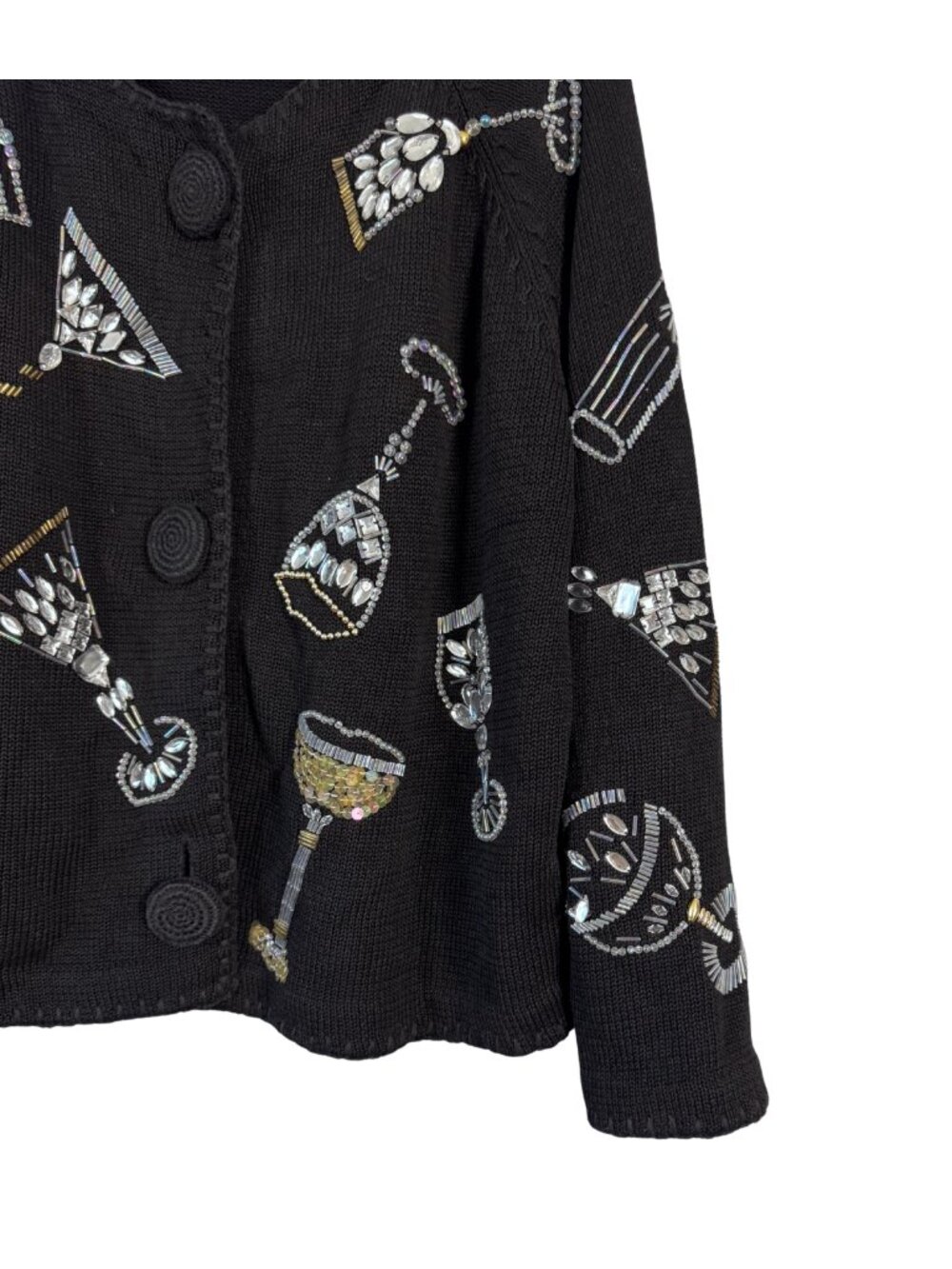 Black Beaded Embellished Cardigan, Vintage Cocktail Sweater, Statement Knit - Picture 4 of 7